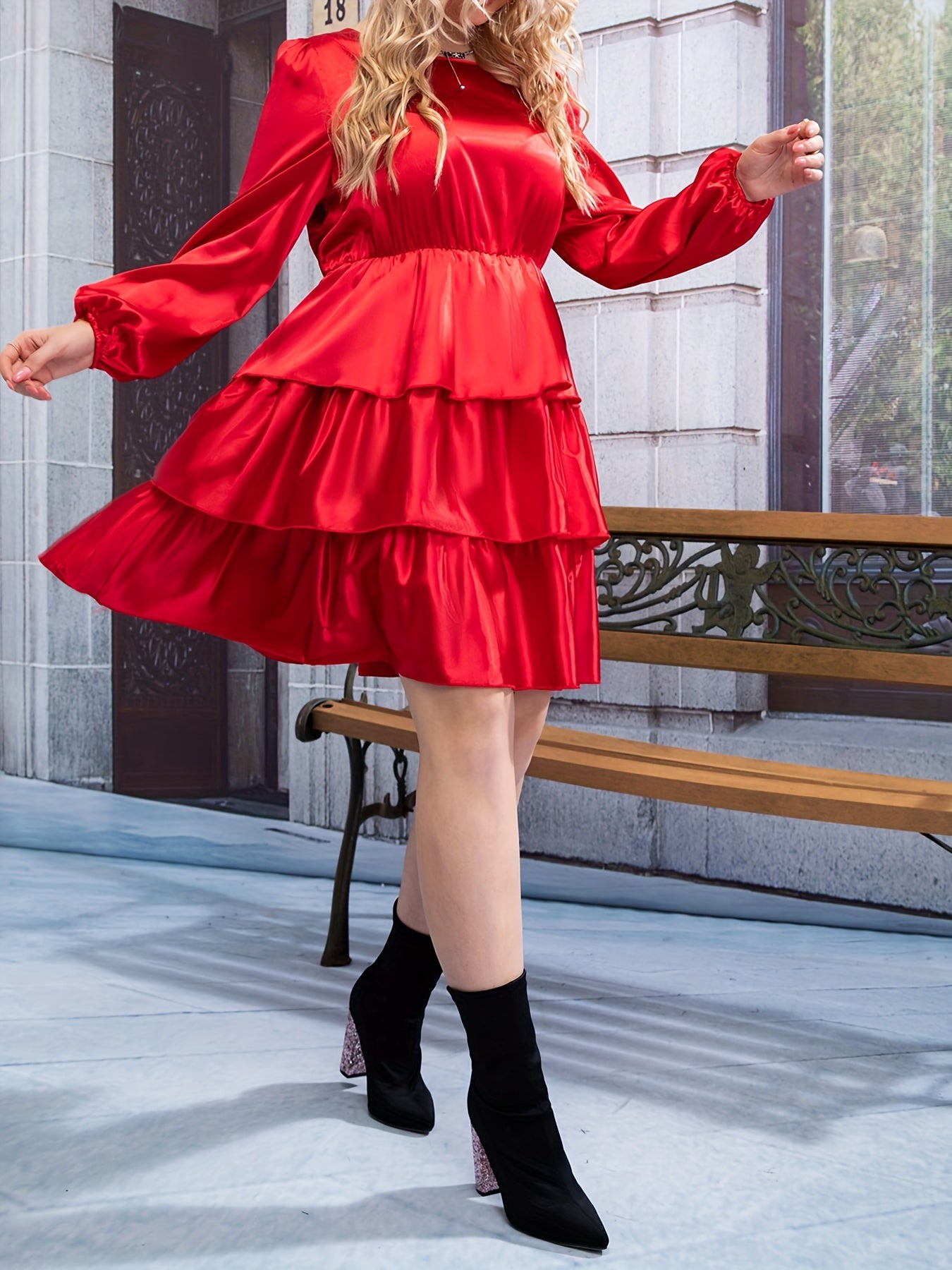  Solid Lantern Sleeve Ruffle Trim Dress