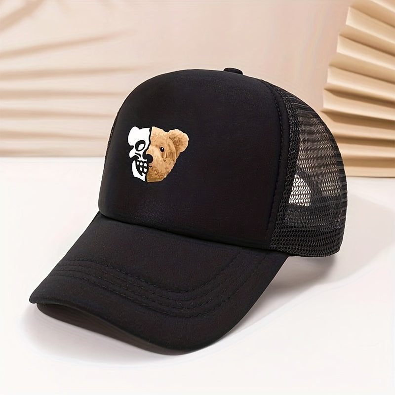 Skull Bear Print Trucker Hat Hip Hop Mesh Baseball Cap