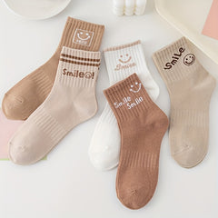 5 Pairs Smiling Print Socks Women's Crew Stockings