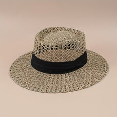 Flat Top Summer Sun Hat Hollow Straw Hat British Jazz Fedora Cap