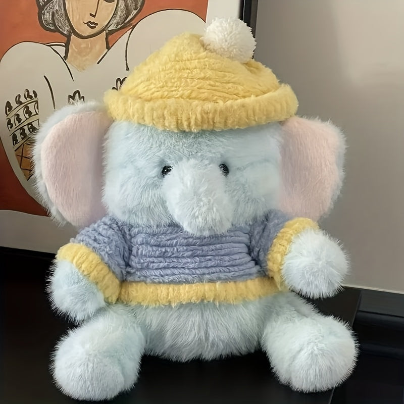 Elephant Plush Toy Realistic Cartoon Elephant with Yellow Knit Hat & Overalls