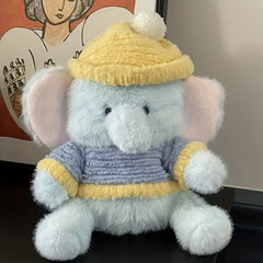 Elephant Plush Toy Realistic Cartoon Elephant with Yellow Knit Hat & Overalls