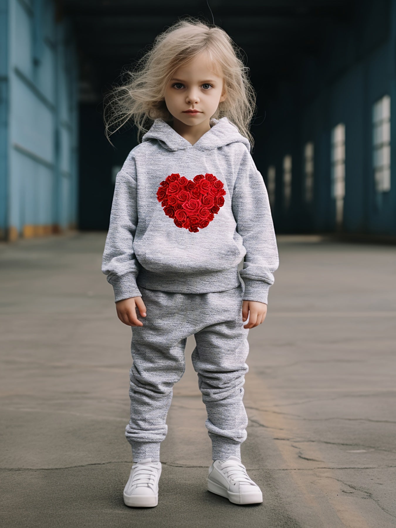 OERYUI Rose Heart Print Hoodies Pants Set For Kids Spring Fall Sports