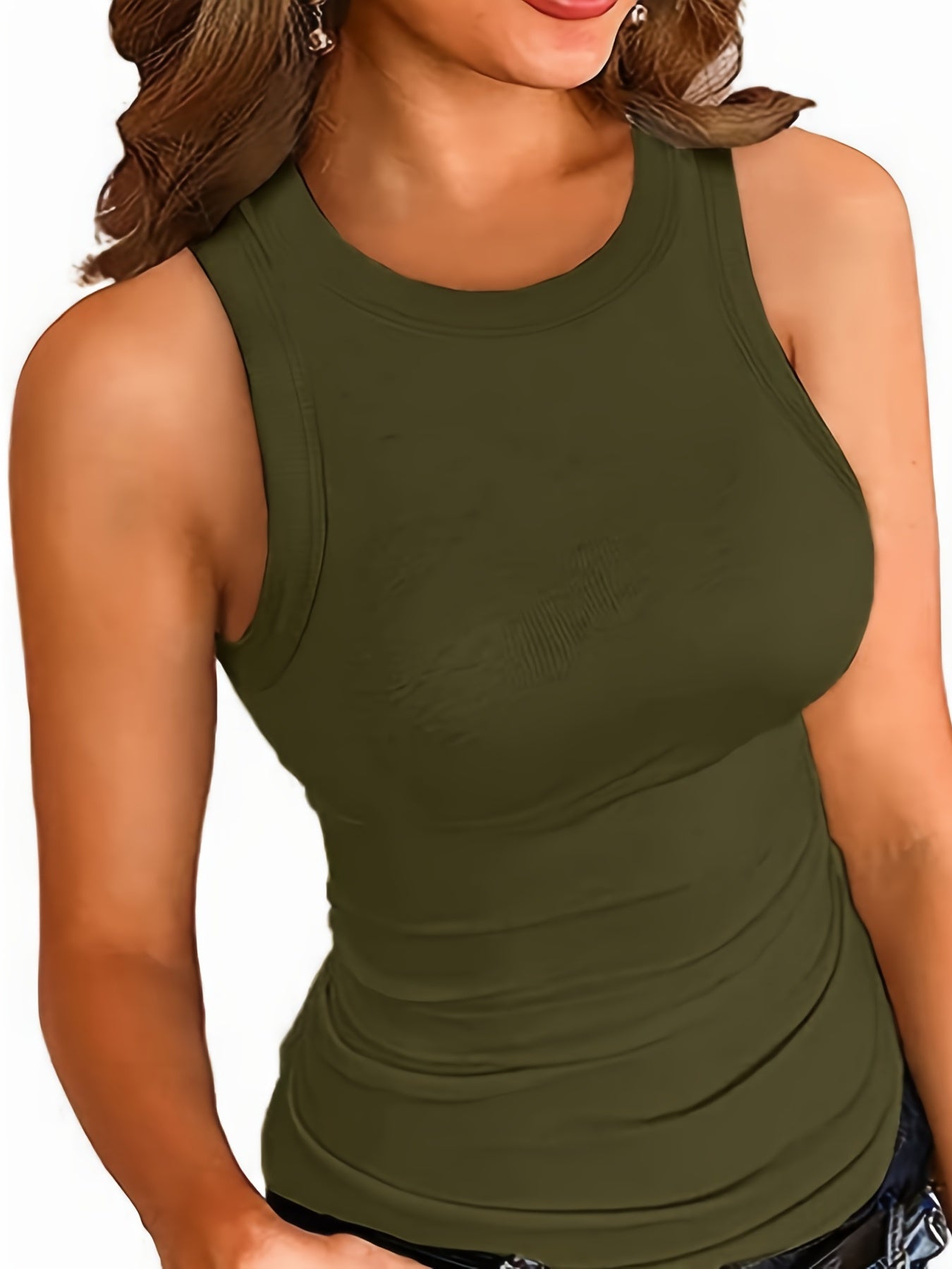  Basic Tank Top Women's Plus Plain Round Neck Medium Stretch Tank Top