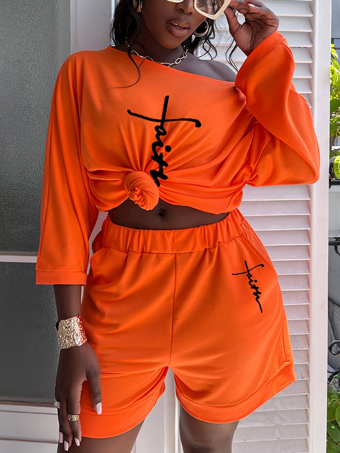Faith Letter Print 2 Piece Set T-shirt & Shorts Women's Outfit