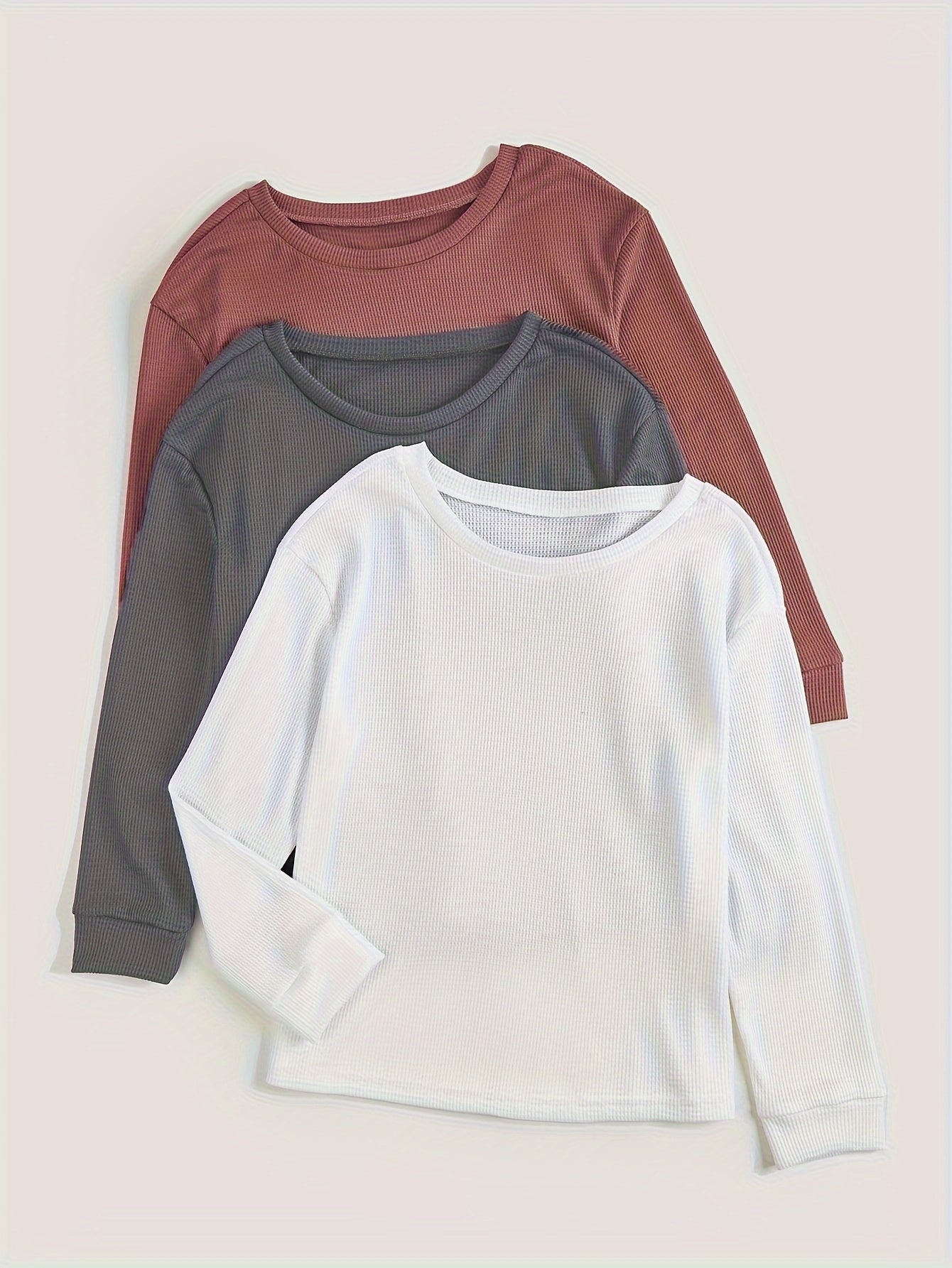 Solid Ribbed Lounge Set Long Sleeve Crew Neck Top & Elastic Waistband Pants