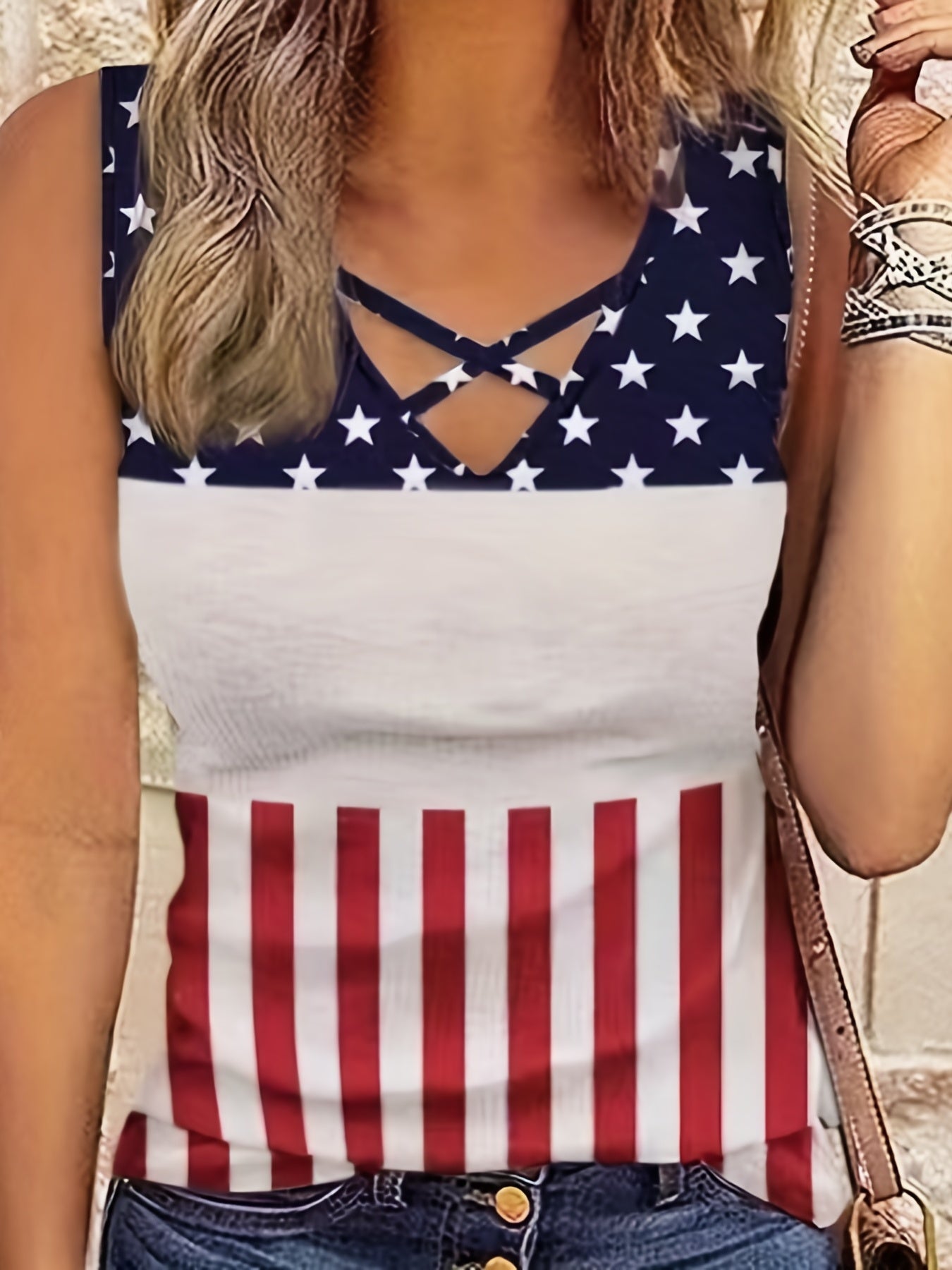 Plus Size Independence Tank Top Womens Plus Flag Print Criss Cross V Neck