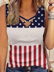 Plus Size Independence Tank Top Womens Plus Flag Print Criss Cross V Neck