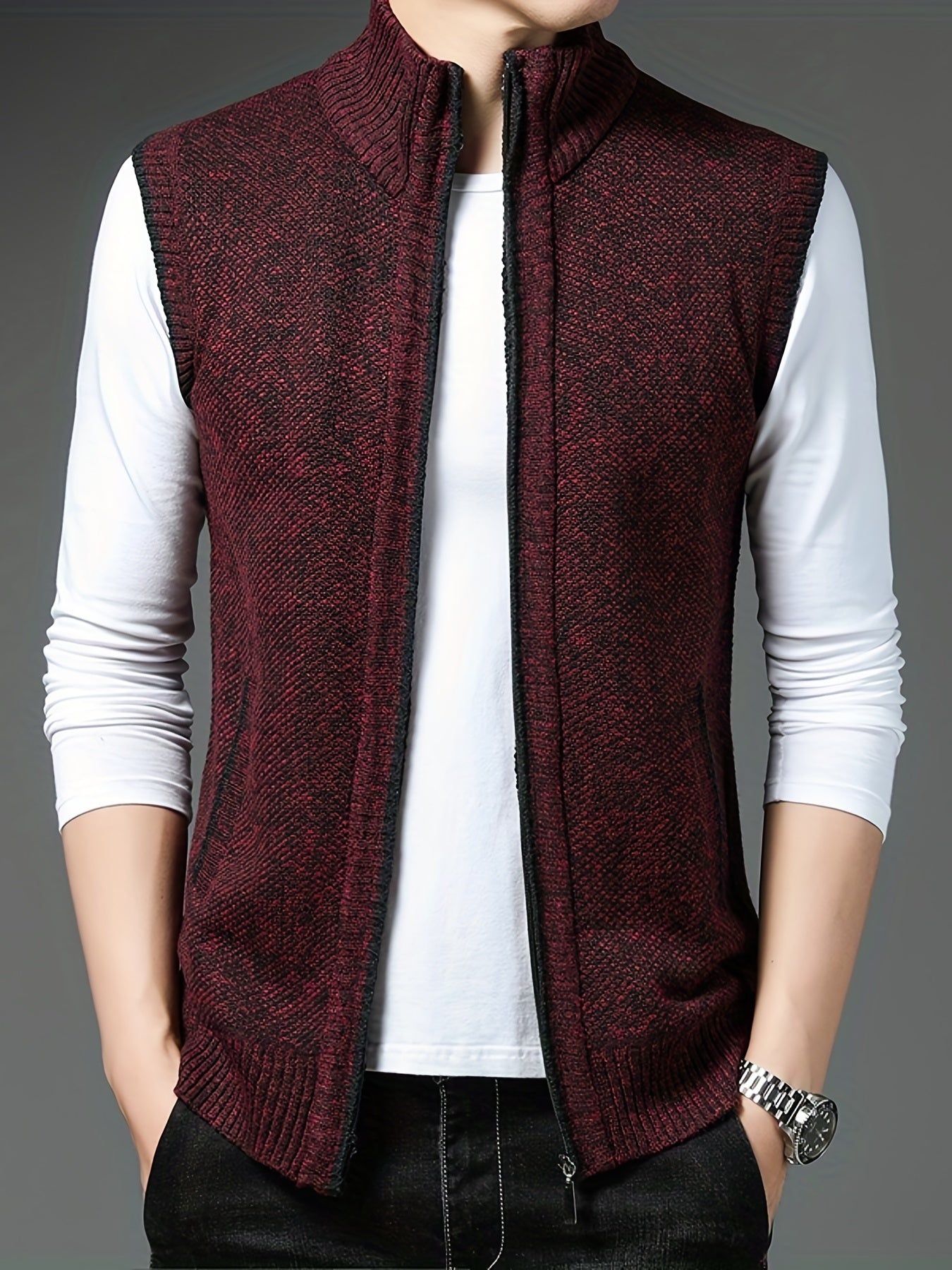 Vintage Style Stand Collar Zip Up Cardigan Vest