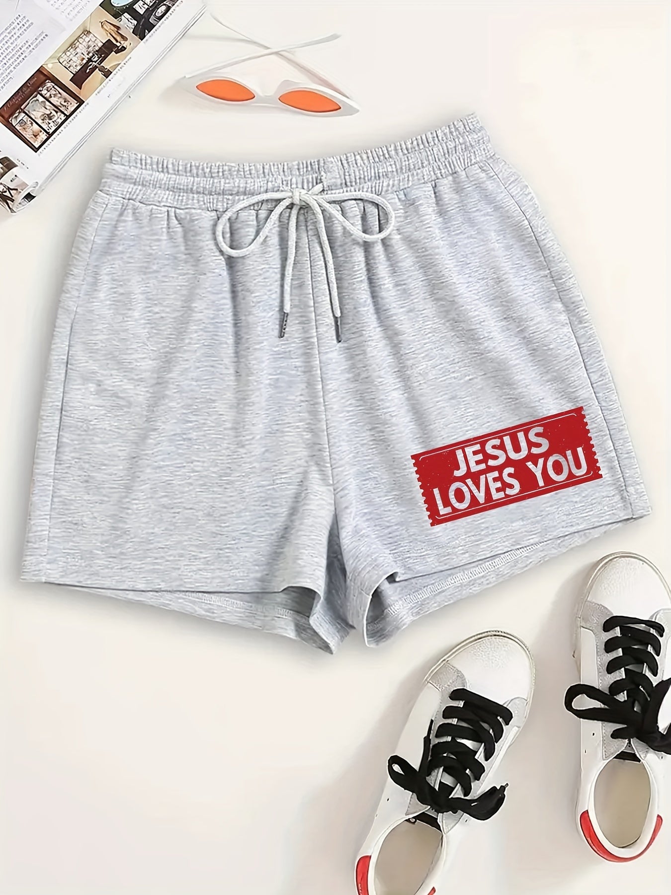  Slogan Print Elastic Waist Lounge Shorts