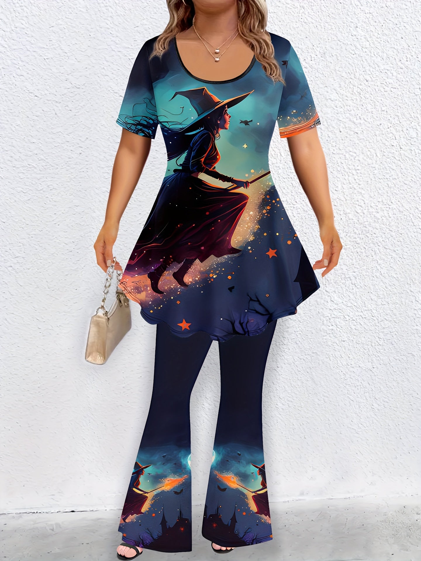  Halloween Cartoon Witch Print Tunic Top & Flared Leg Pants Set