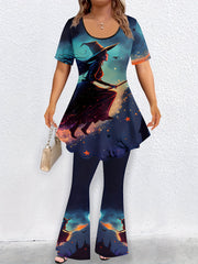  Halloween Cartoon Witch Print Tunic Top & Flared Leg Pants Set