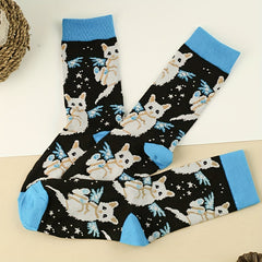 3 Pairs Cartoon Cat Print Socks Comfy & Mid Tube Socks Women's Stockings