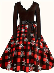  Colorblock Print V Neck Floral Trim Dress