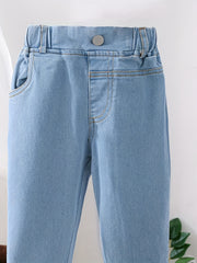 Kid Girls Casual Denim Pants Trousers Elastic Waist Regular Fit Jeans