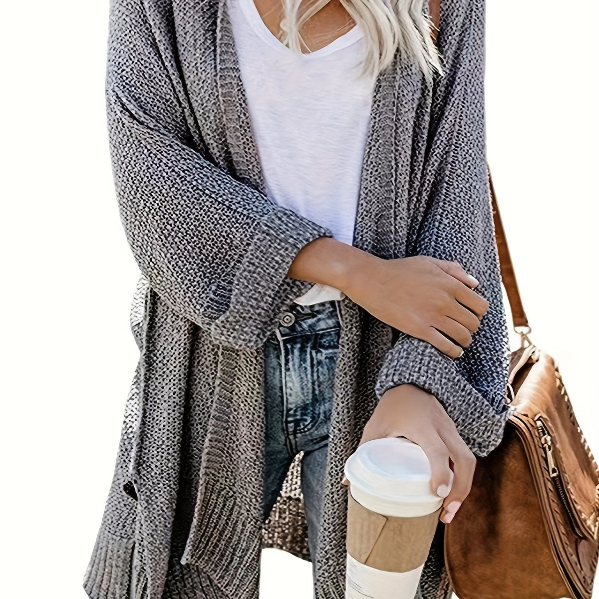 Solid Long Sleeve Open Front Split Sweater Cardigan