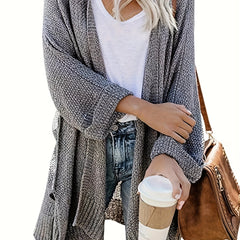  Solid Long Sleeve Open Front Split Sweater Cardigan