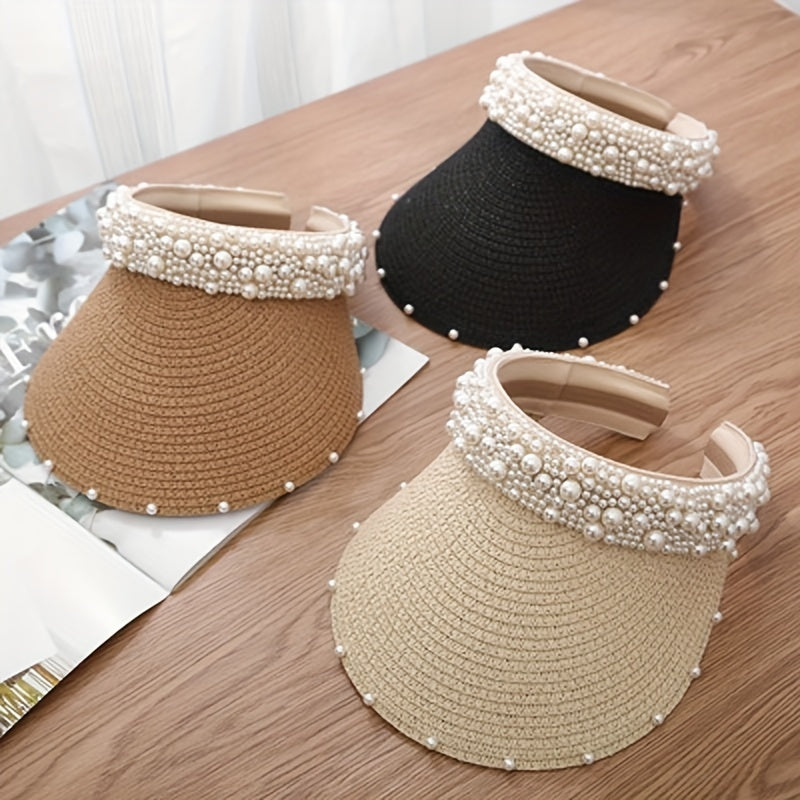 Faux Pearl Visor Hat Straw Sun Hat UV Protection Beach Hat