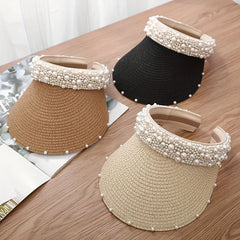 Faux Pearl Visor Hat Straw Sun Hat UV Protection Beach Hat