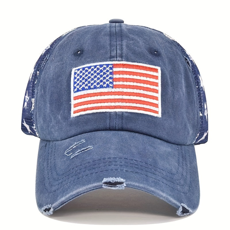 Pentagram Print Ponytail Baseball Cap Flag Embroidery Mesh