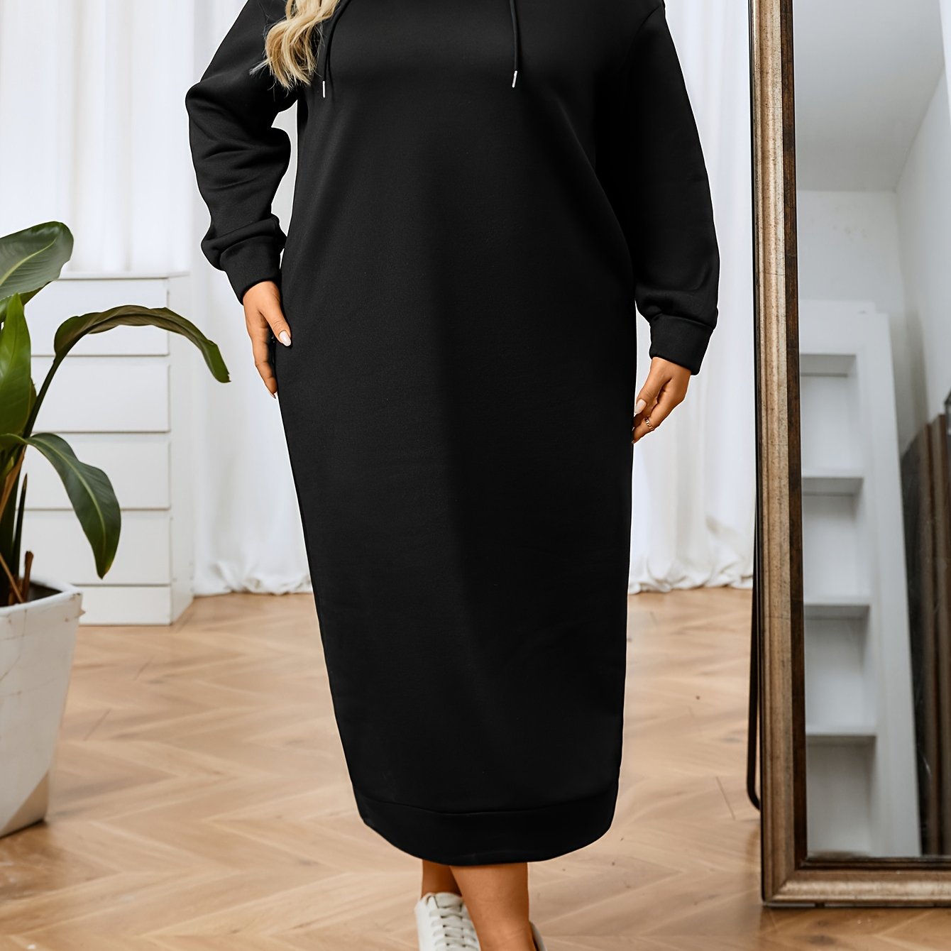  Casual Dress Women's Plus Solid Long Sleeve Hooded Sweatshirt Dress