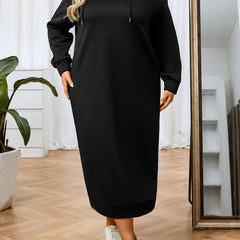  Casual Dress Women's Plus Solid Long Sleeve Hooded Sweatshirt Dress