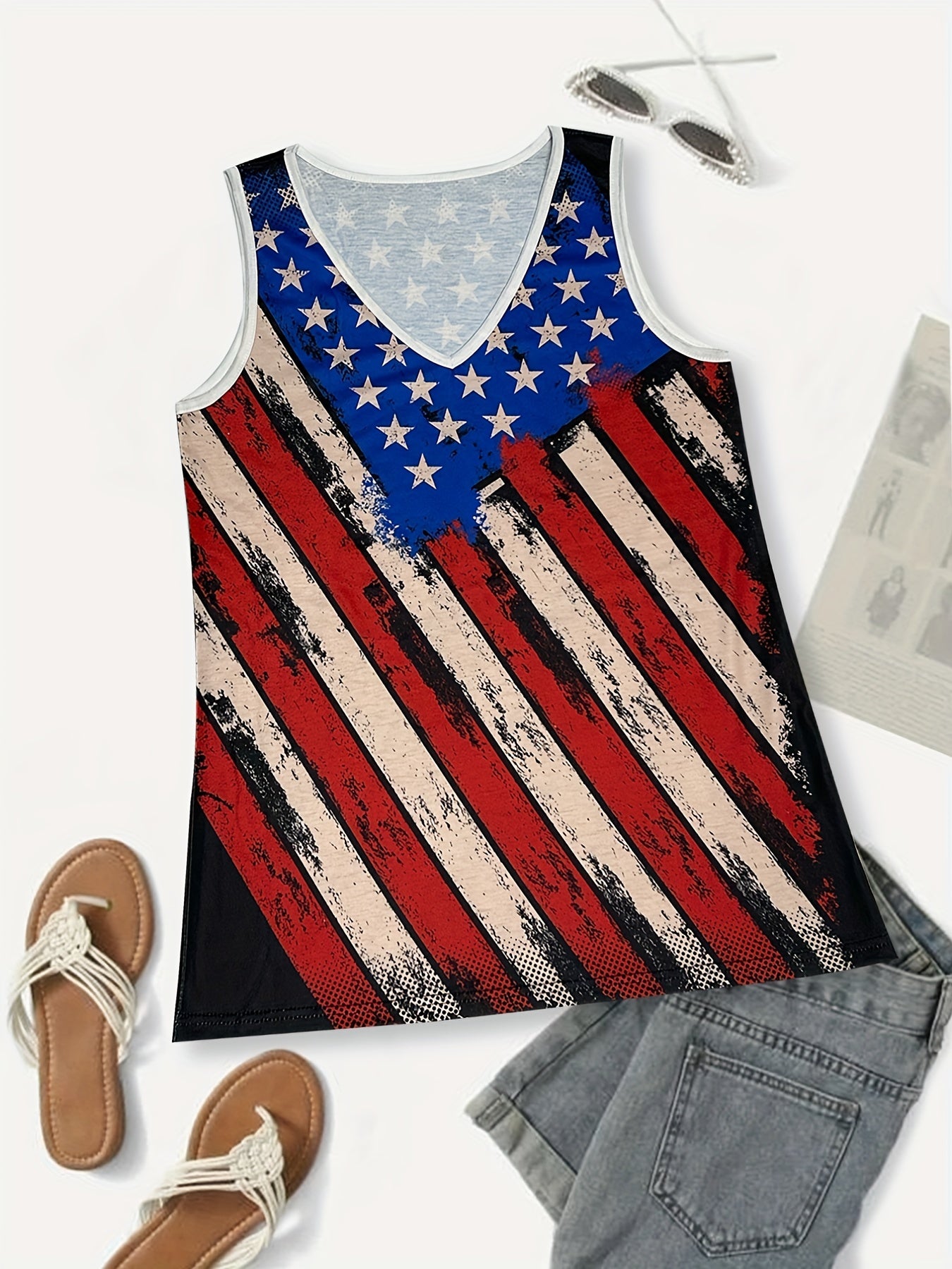 Print V Neck Tank Top for Women