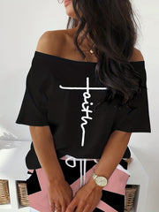  Cross Letter & Geo Print One Shoulder Top & Skirt Set