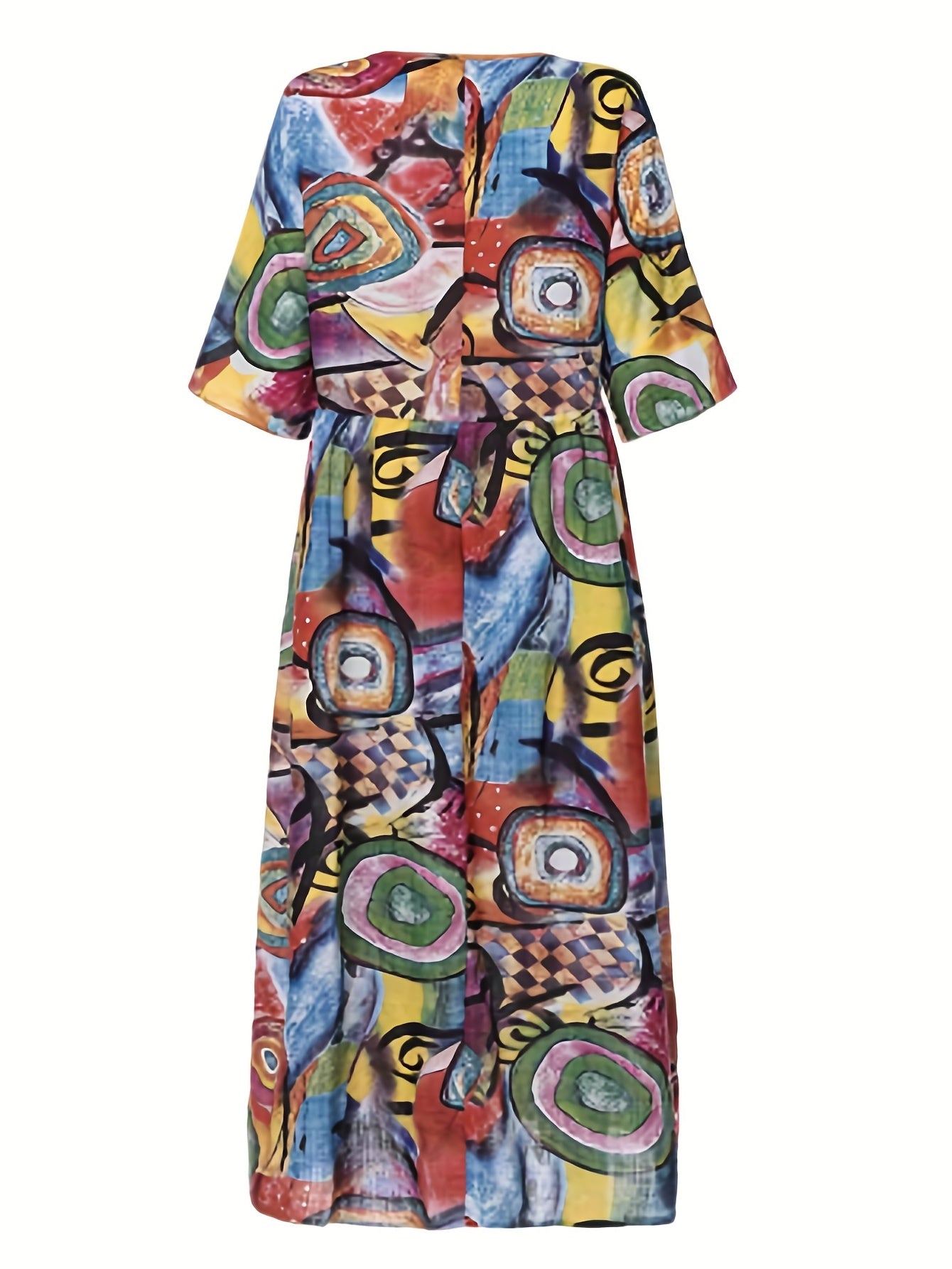  Boho Dress Abstract Print Half Sleeve Round Neck Maxi Dress