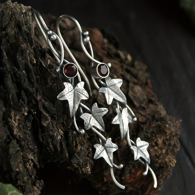 Men's Silver Leaf Dangle Earrings with Colorful Gemstones