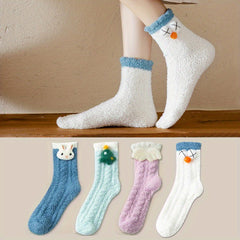 4 Pairs Cartoon Fuzzy Socks Comfy & Mid Tube Women's Stockings & Hosiery