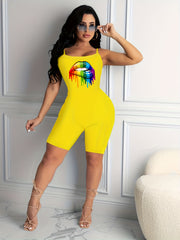 Casual Lip Print Spaghetti Strap Romper Jumpsuit