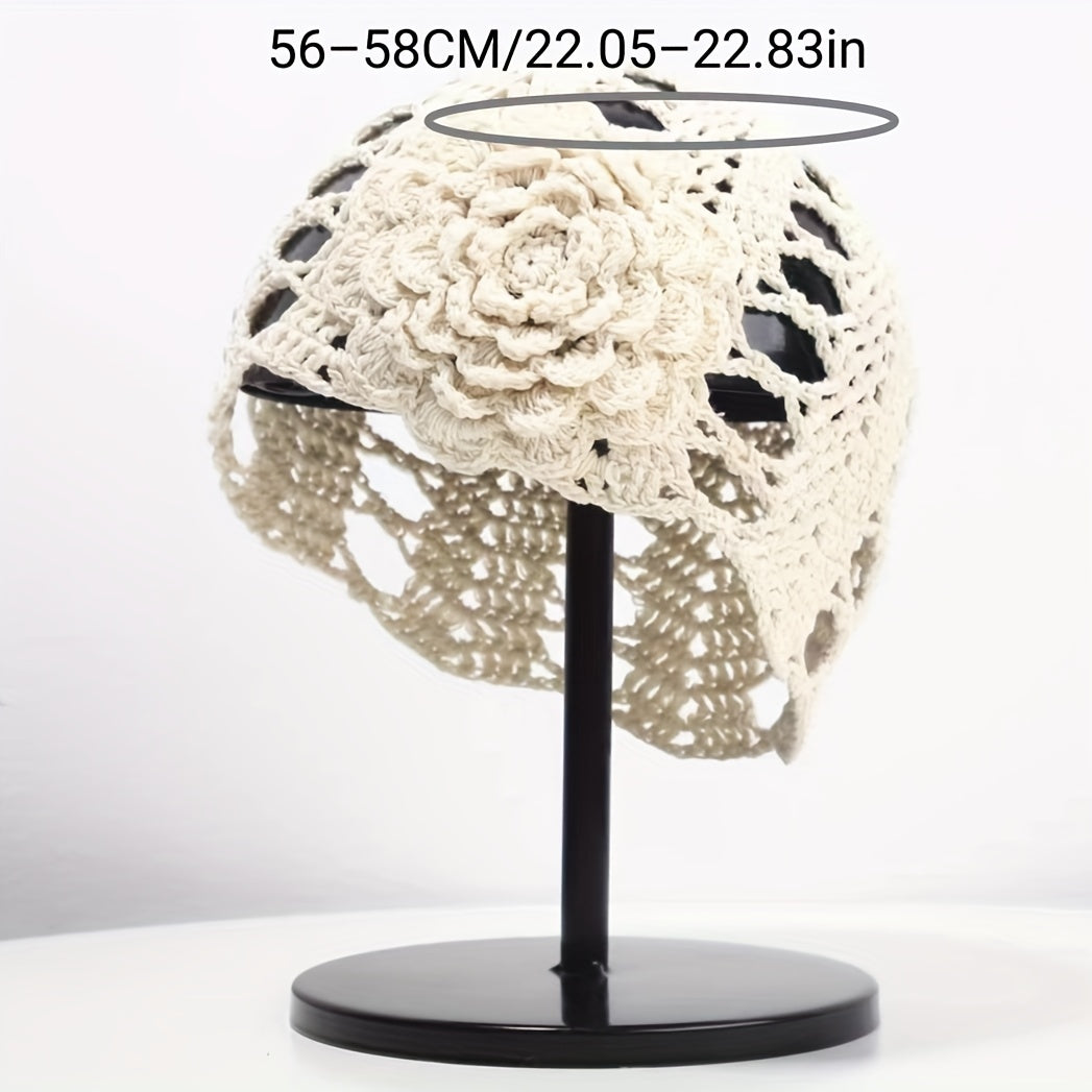 Flower Hollow Crochet Beanie Knit Hat Women Cloche Hats Skull Cap