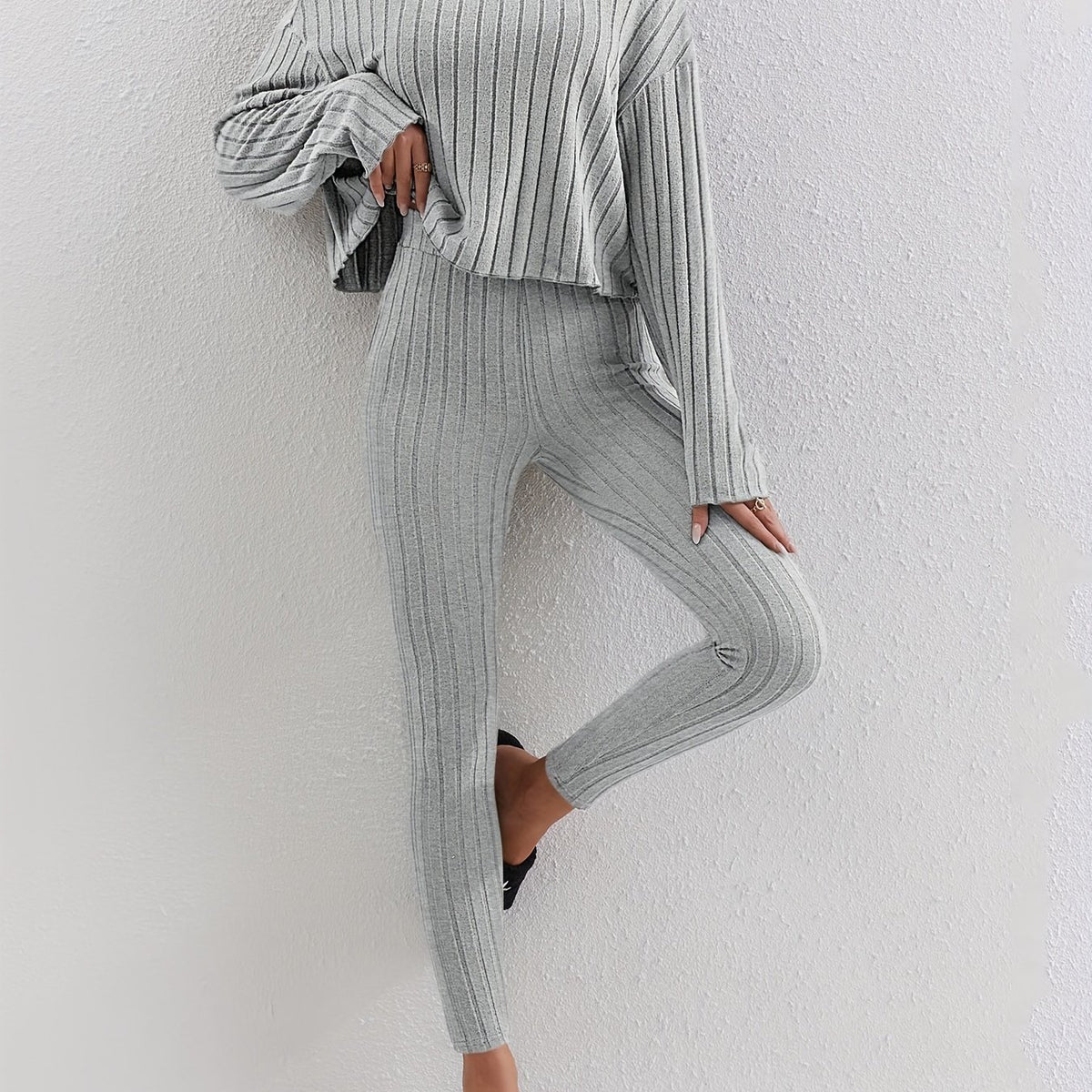 Ribbed Knit Two piece Set Casual Long Sleeve T shirt & Skinny Pants Outfits