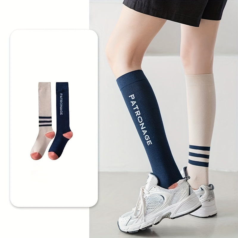Letter & Stripe Print Calf Socks Colorblock Knee High Socks