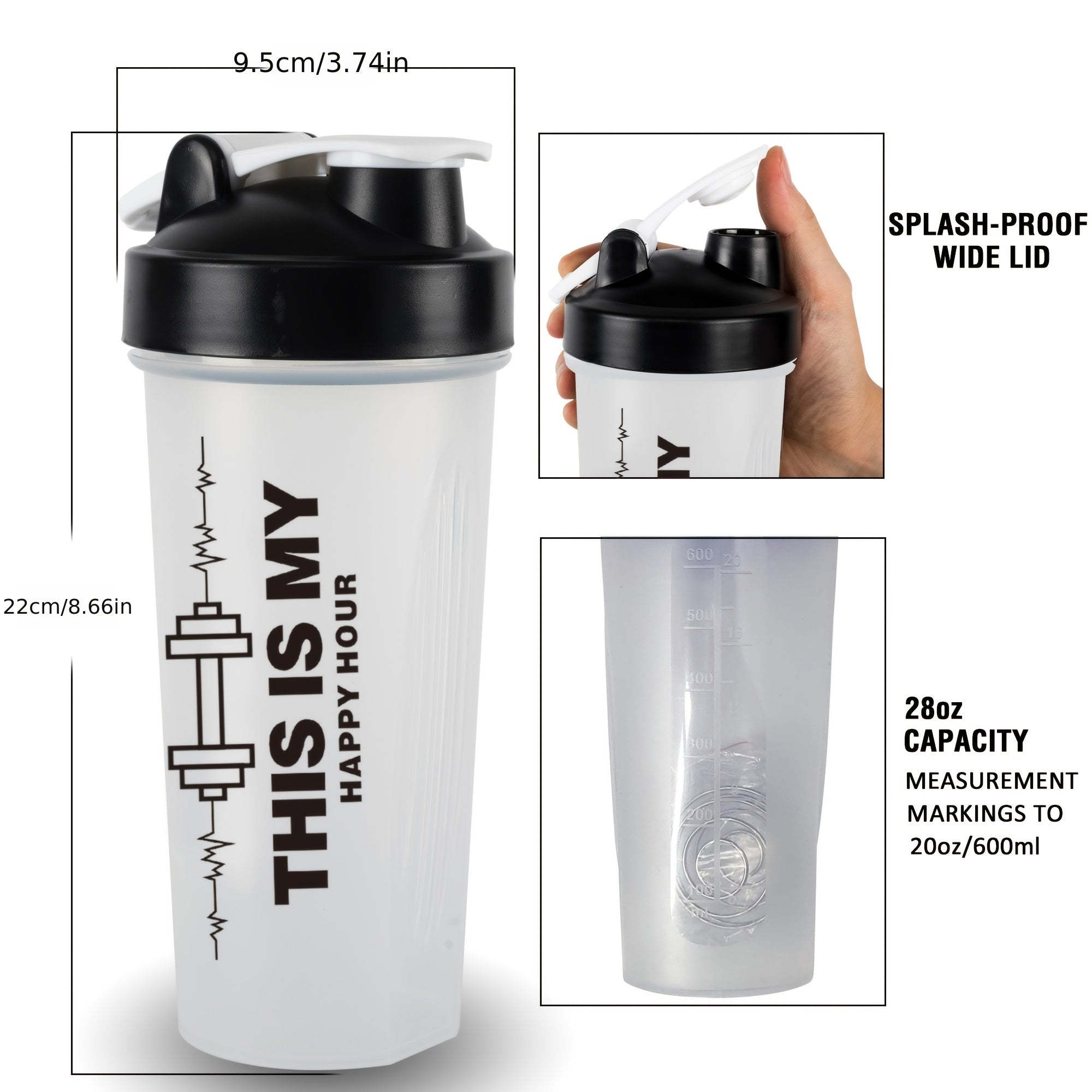 600ml Leak Proof Protein Shaker Bottle for Smoothies and Fitness