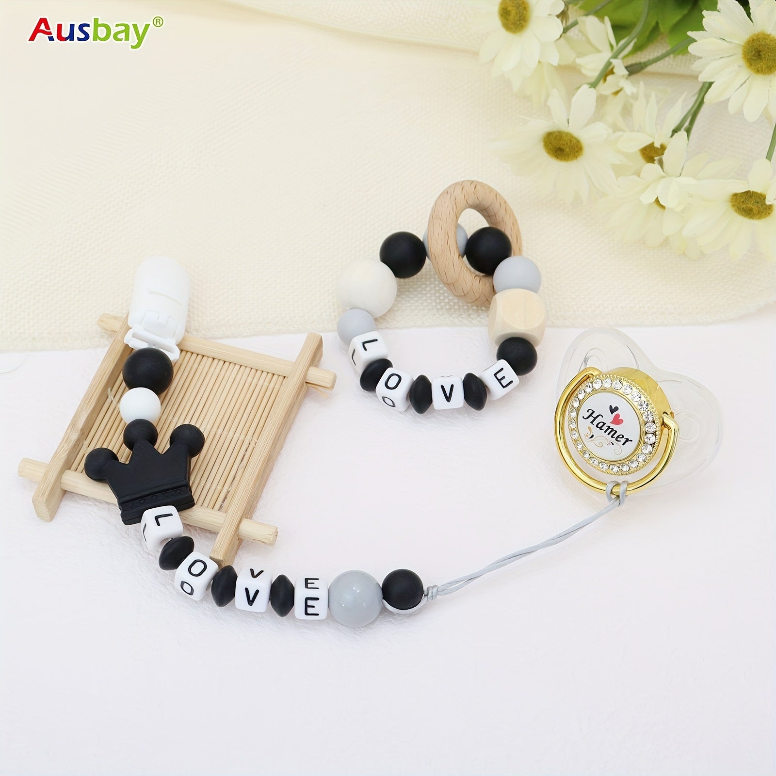 2pcs Personalized Baby Dummy Clip with Name Baby Rattle Teether Ring