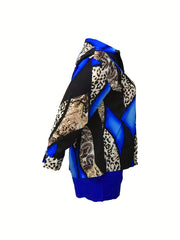 Colorblock Leopard Print Blouse & Shorts 2 Piece Set