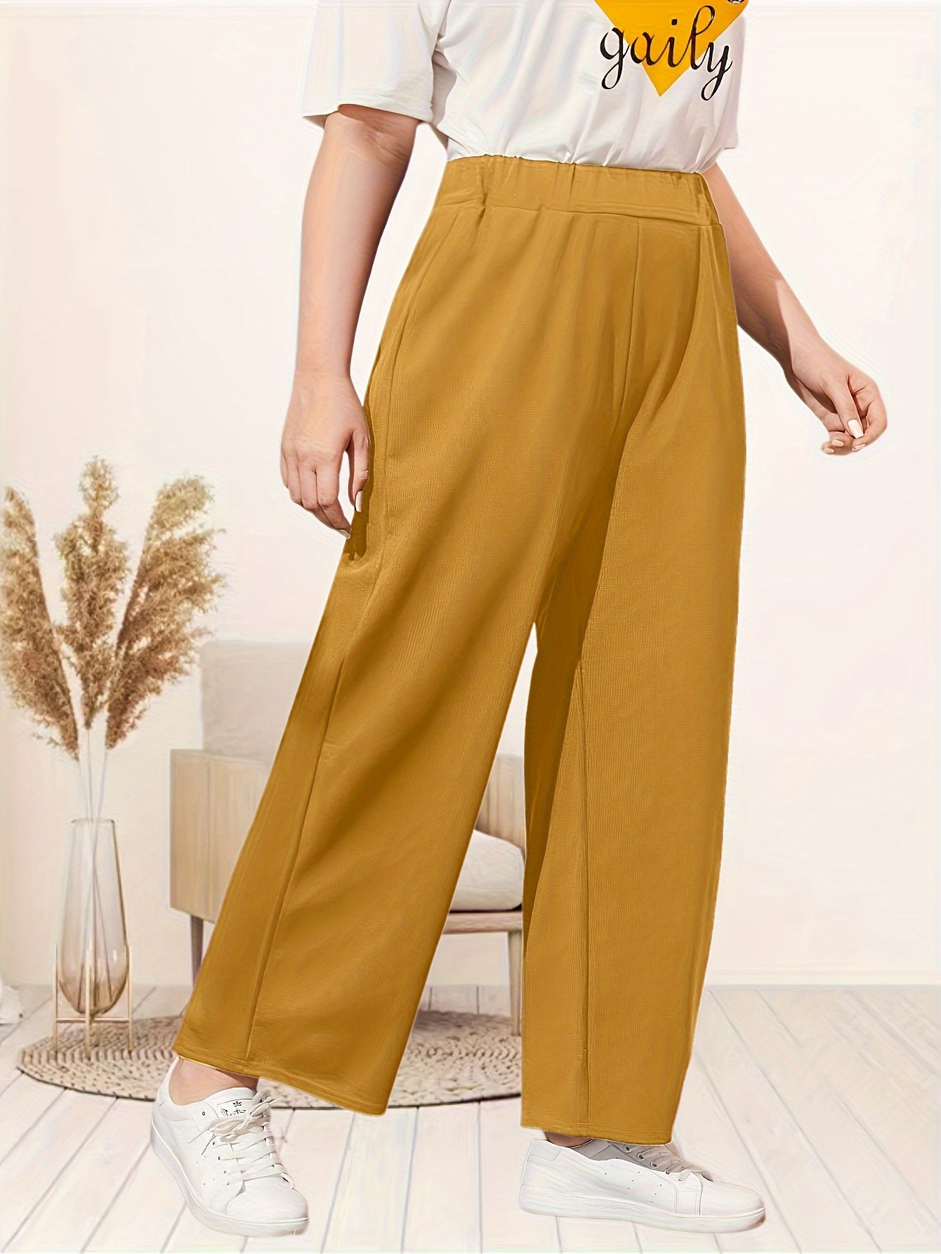  Solid Elastic High Rise Wide Leg Pants