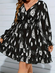  Feather Print Flounce Sleeve Mini Dress