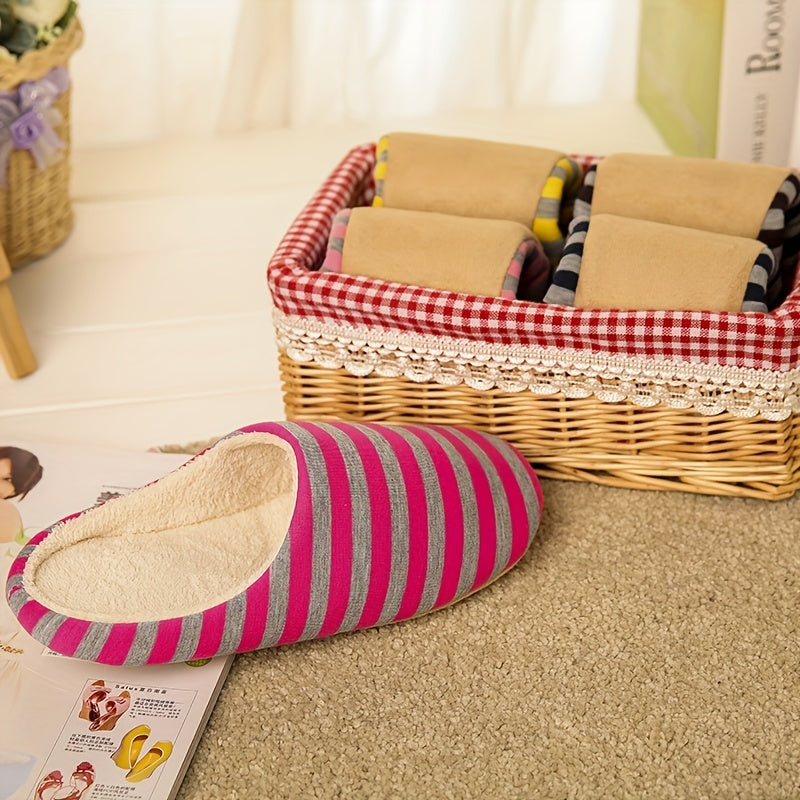 Women's Plush Lined Slippers Warm Striped Flat Shoes