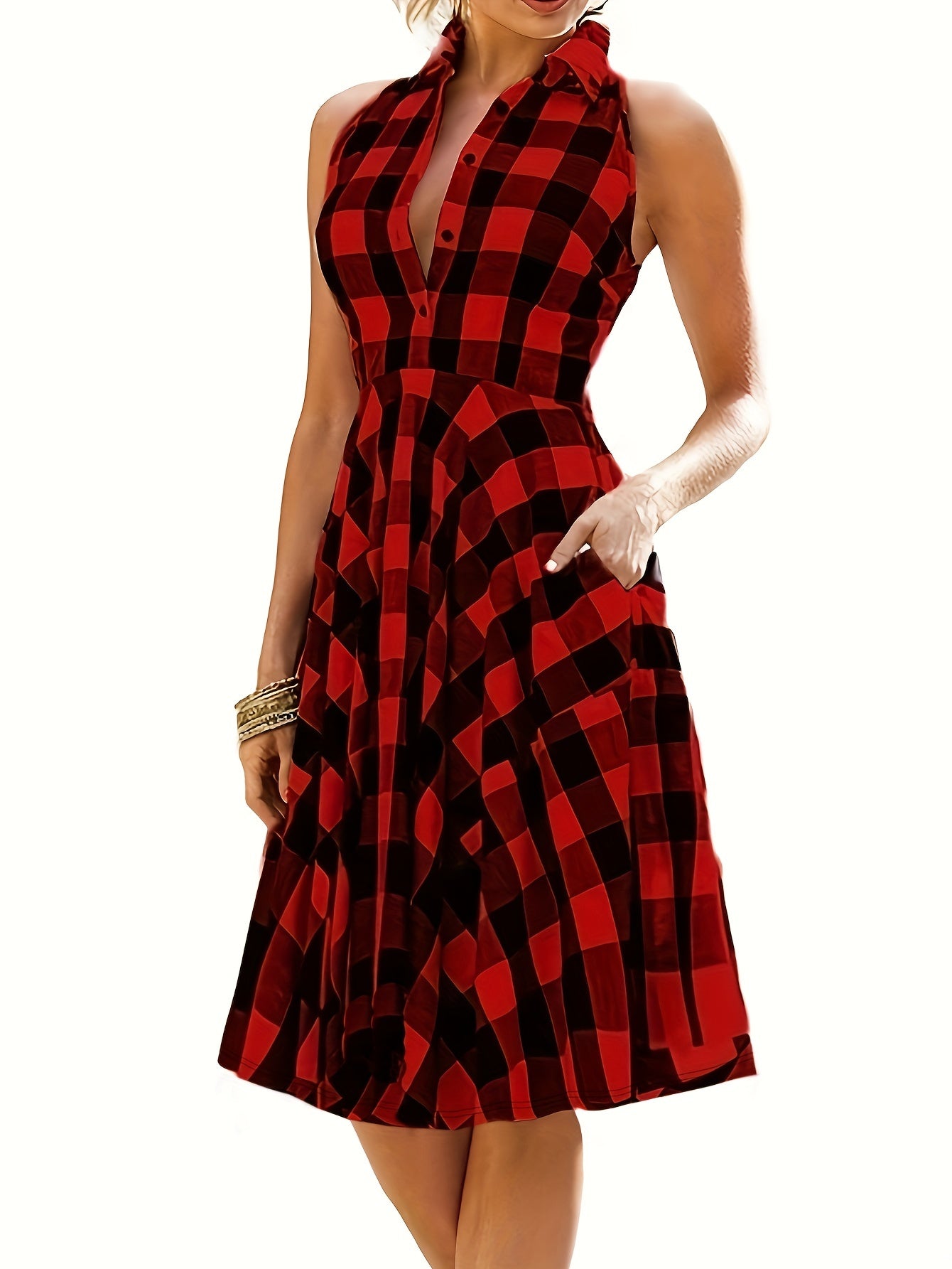  Plaid Print Button Up Lapel Collar Dress