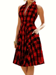 Plaid Print Button Up Lapel Collar Dress