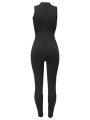 Solid Crew Neck Cut Out Jumpsuit Casual Skinny Sleeveless Jumpsuit