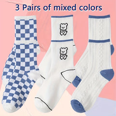 3 Pairs Bear & Plaid Print Socks Comfy & Mid Tube Socks Women's Stockings