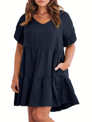  V Neck Ruffle Trim Mini Smock Dress With Pockets