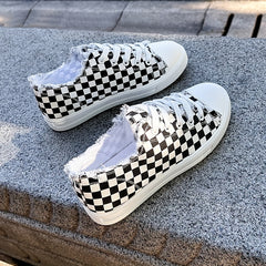 Women's Checkerboard Pattern Canvas Shoes Lace Up Low Round Toe