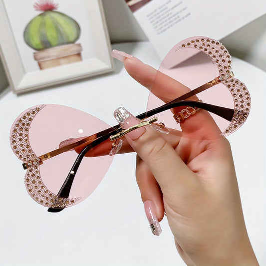 Y2K Rhinestone Heart Sunglasses Glitter Rimless UV400 Sun Shades