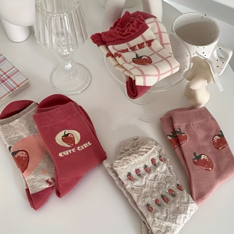 5 Pairs Strawberry Print Socks Sweet & Mid Tube Socks Women's Stockings