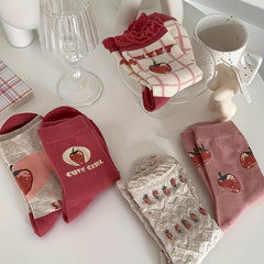 5 Pairs Strawberry Print Socks Sweet & Mid Tube Socks Women's Stockings